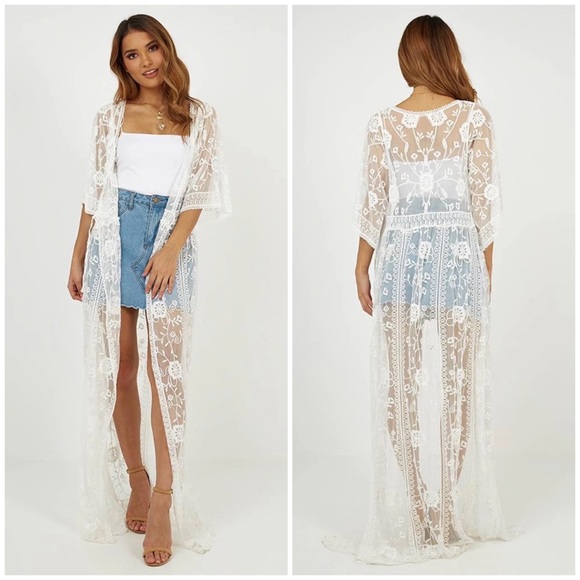 SOLD OUT Boho Floral Embroidered Lace Kimono Duster Wrap - Picture 3 of 11